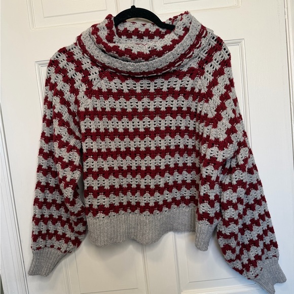 John + Jenn Tops - John + Jenn Chunky Crochet Knit Cowl Neck Sweater Red Boho Pullover Size Small